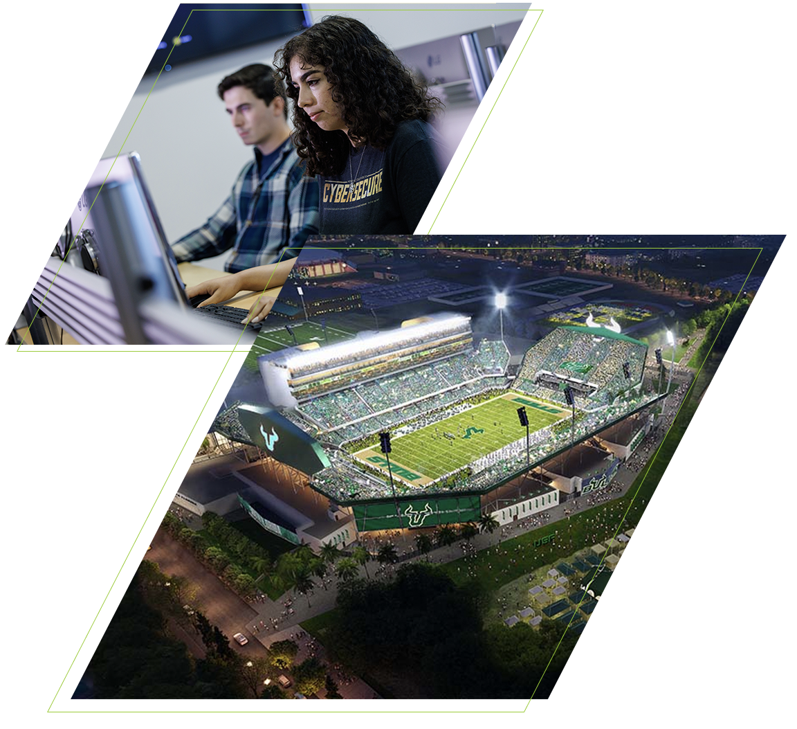 Montage of cybersecurity students using technology and a rendering of USF's upcoming stadium