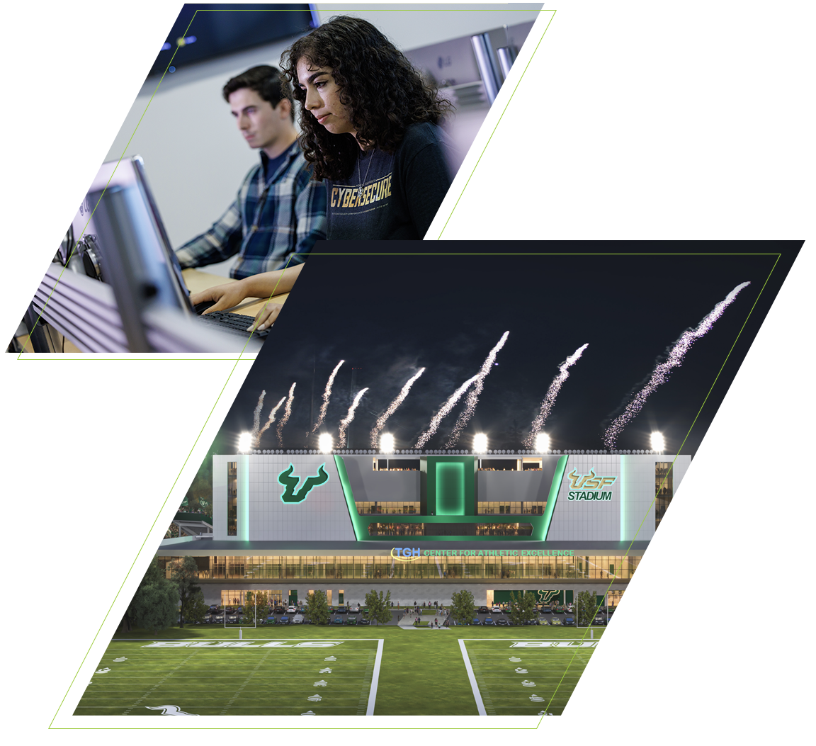 Montage of cybersecurity students using technology and a rendering of USF's upcoming stadium