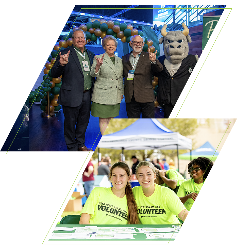 Montage of a hosted event showing a backlit stage and smiling student volunteers