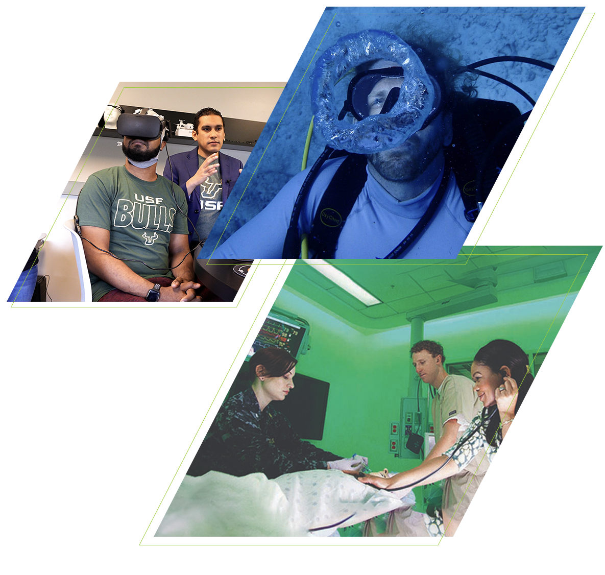 Montage of research including a student using a VR headset, a researcher underwater and nursing students conducting medical research